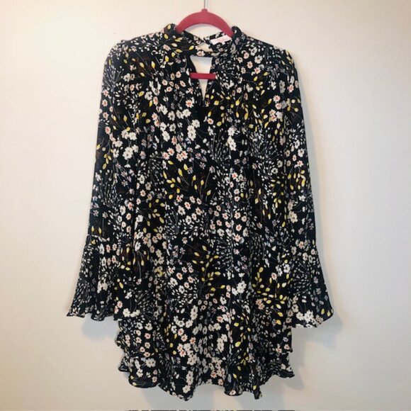 Parker Mini Dress with Flare Sleeves & Floral Neck Collar Black Size S - Picture 4 of 11